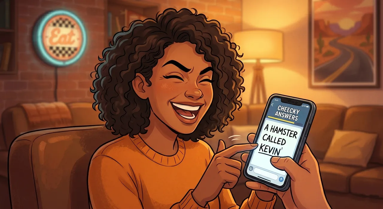 A player invents a cheeky fake answer for an American trivia question on their phone