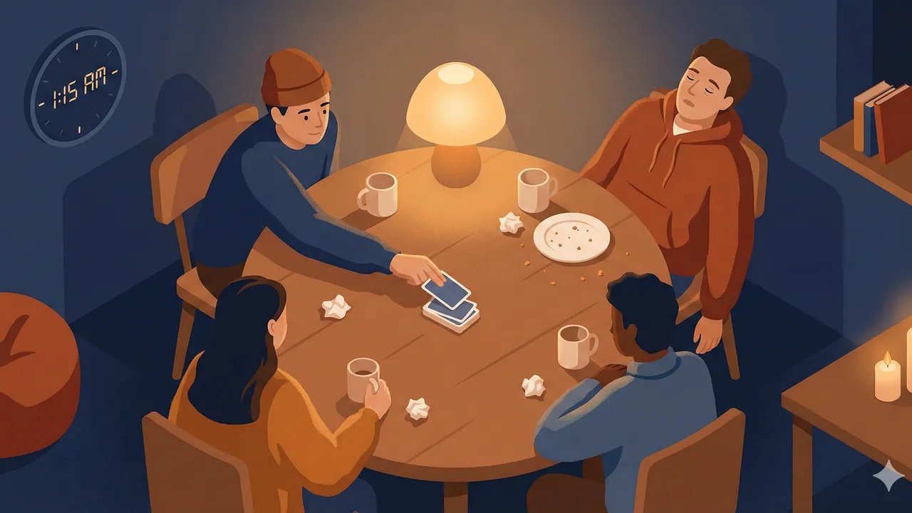 Illustration: Gemütliche Spätnacht-Szene, Freunde am Tisch mit wenigen Karten, gedämpftes Licht, leere Gläser