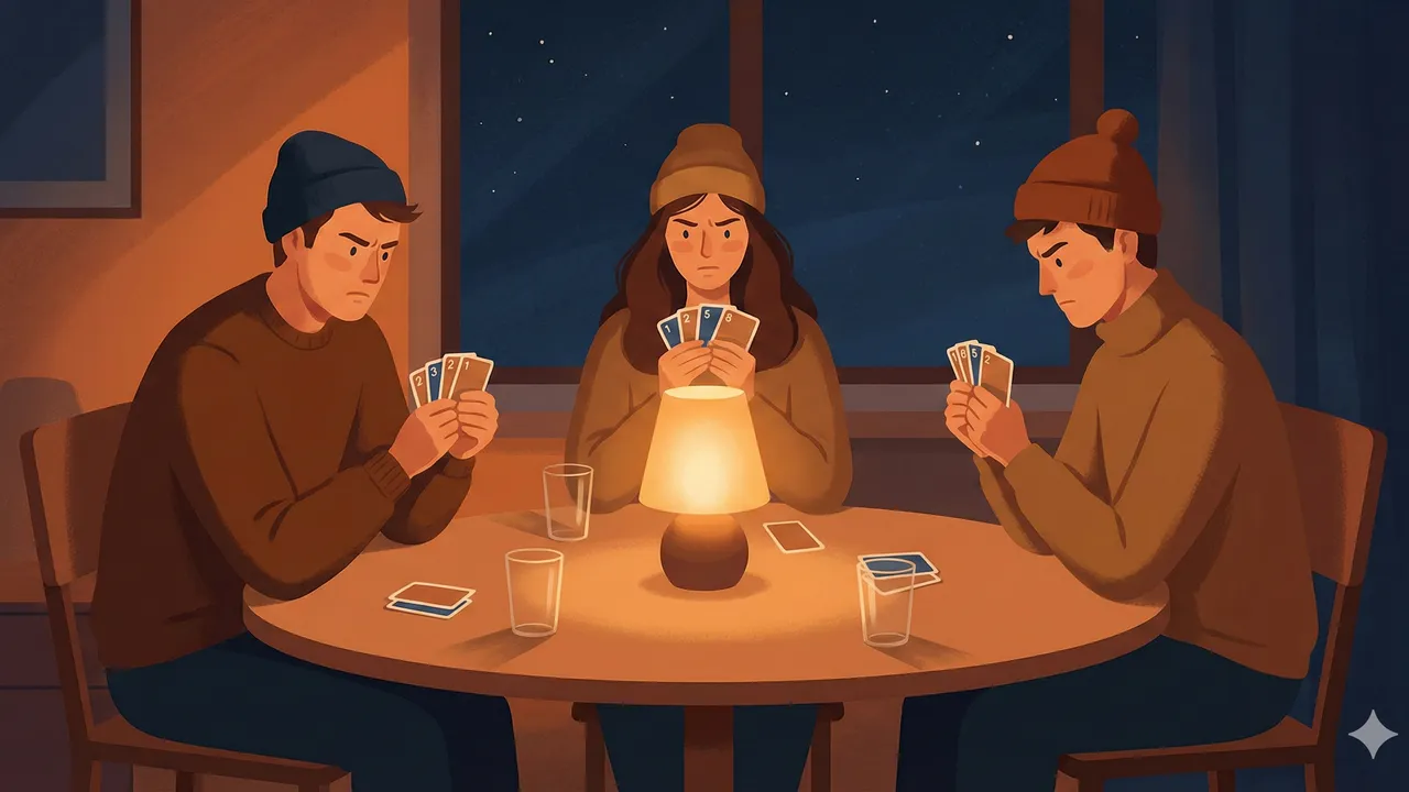 Illustration: Drei Freunde sitzen still am Tisch, Karten in der Hand, konzentrierte Gesichter bei gedämpftem Licht