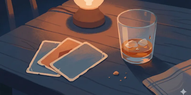 Illustration: Gemütliche Spätnacht-Szene, Freunde am Tisch mit wenigen Karten, gedämpftes Licht, leere Gläser