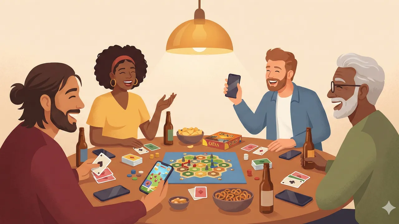 Smartphone e giochi da tavolo uno accanto all'altro su un tavolo da gioco illuminato con calore