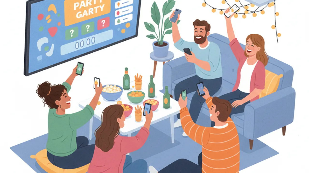 Gruppo che ride davanti a una TV, tutti alzano gli smartphone, grafica colorata del gioco sullo schermo