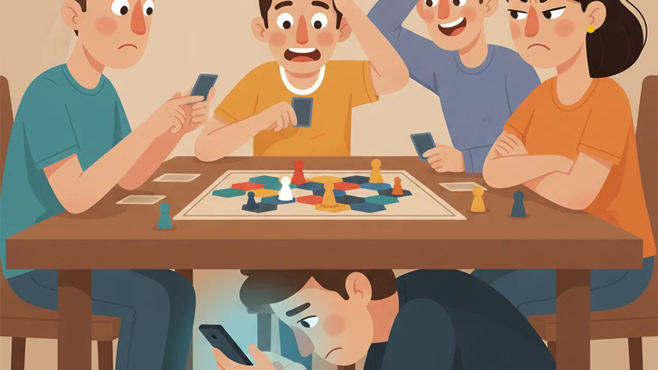 Mano che sbircia di nascosto uno smartphone sotto il tavolo, gioco da tavolo sfocato sullo sfondo