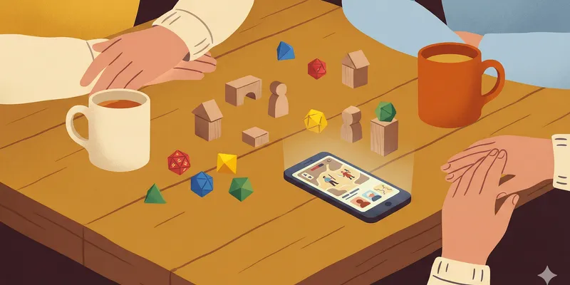 Müde Freunde sitzen mit Decken und Tee an einem gemütlichen Spieltisch, warmes Licht