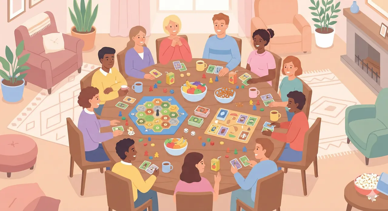Illustration: Gemütlicher Spieleabend mit Brettspielen, Snacks und warmer Beleuchtung