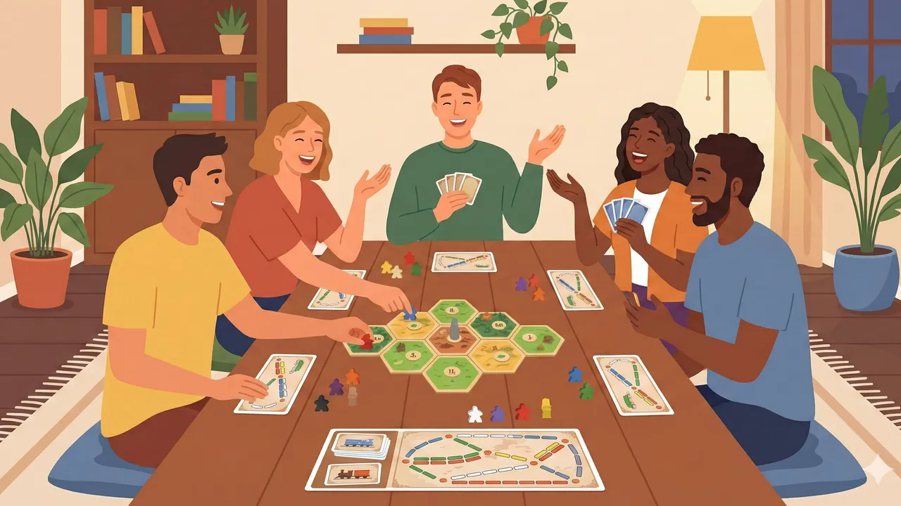 Colorful board games arranged in a hexagon pattern, modern and inviting