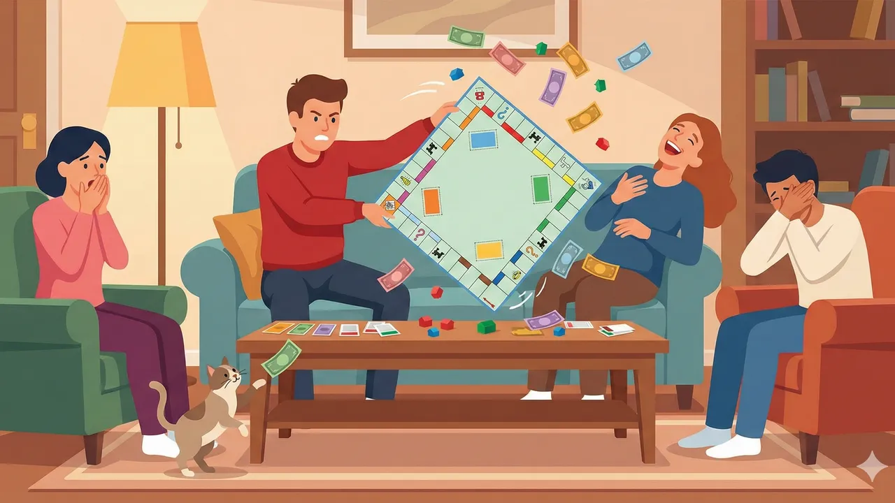 A Monopoly board on a table with game pieces knocked over everywhere