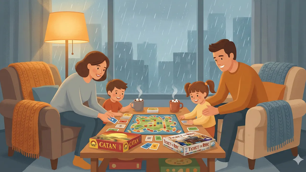 Gemütliche Familienszene am Esstisch bei Regenwetter, Kinder und Eltern über einem Brettspiel gebeugt, Regen am Fenster