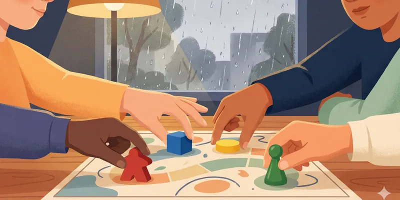Accogliente scena familiare al tavolo da pranzo in una giornata di pioggia, bambini e genitori chini su un gioco da tavolo, pioggia alla finestra
