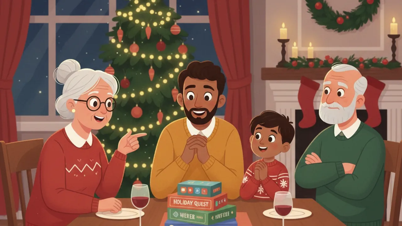 Illustration: Mehrere Generationen sitzen erwartungsvoll um einen weihnachtlich geschmückten Esstisch, Brettspiele in der Mitte