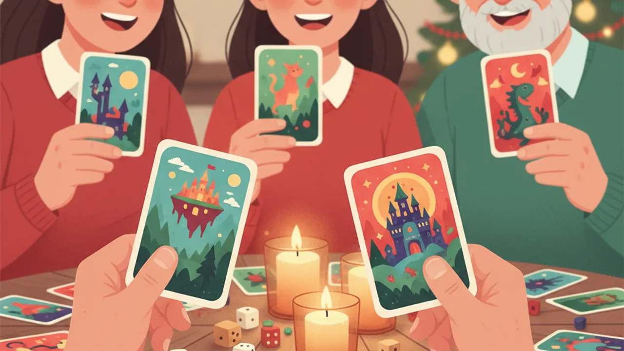 Illustration: Ältere und jüngere Hände halten bunte Spielkarten mit fantasievollen Illustrationen, warmes Licht