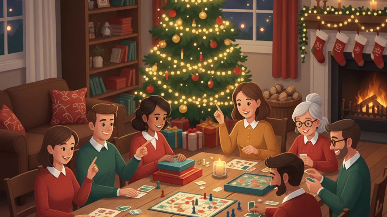Illustration: Gemütlicher Weihnachts-Spieleabend mit mehreren Generationen am Tisch, warme Beleuchtung
