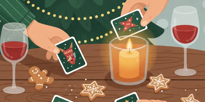 Illustration: Gemütlicher Weihnachts-Spieleabend mit mehreren Generationen am Tisch, warme Beleuchtung