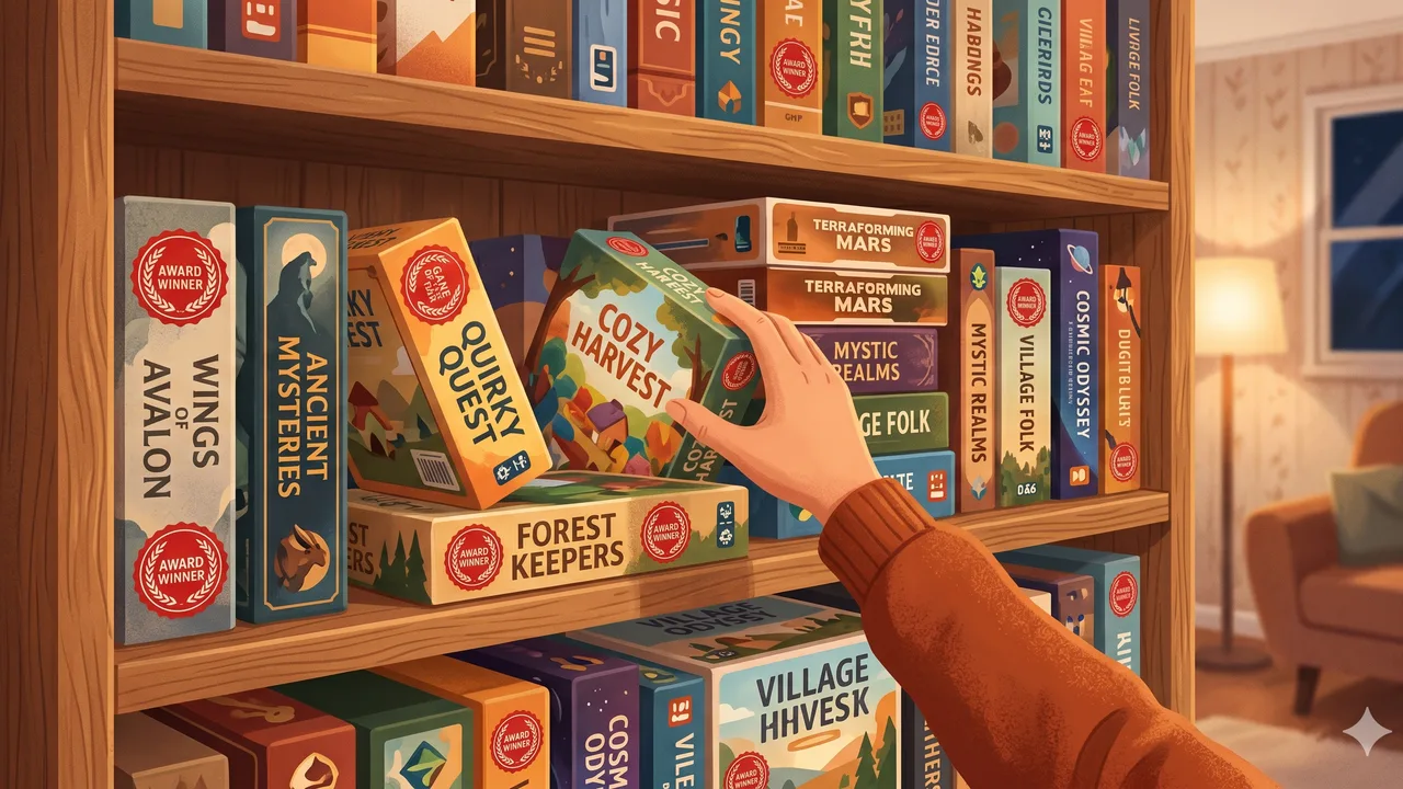 Scaffale pieno di scatole di giochi da tavolo con loghi di premi