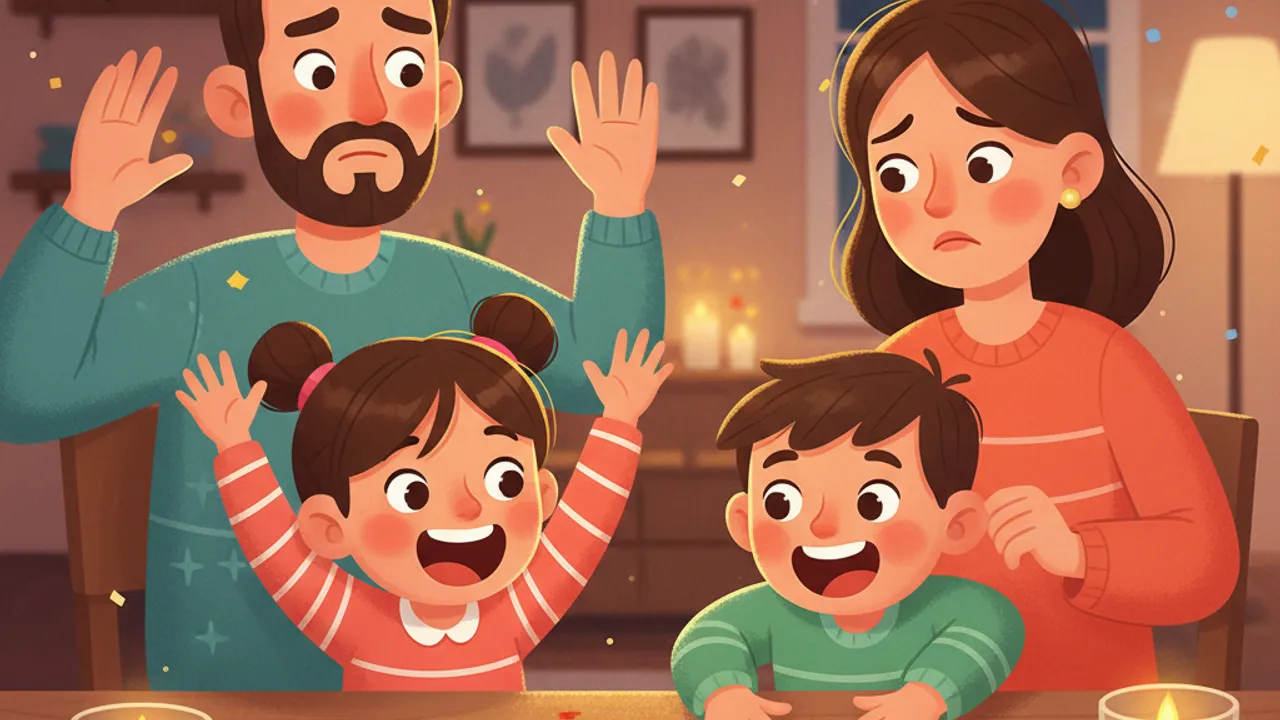 Due bambini battono entusiasti sulle carte colorate di Dobble, i genitori guardano sbalorditi