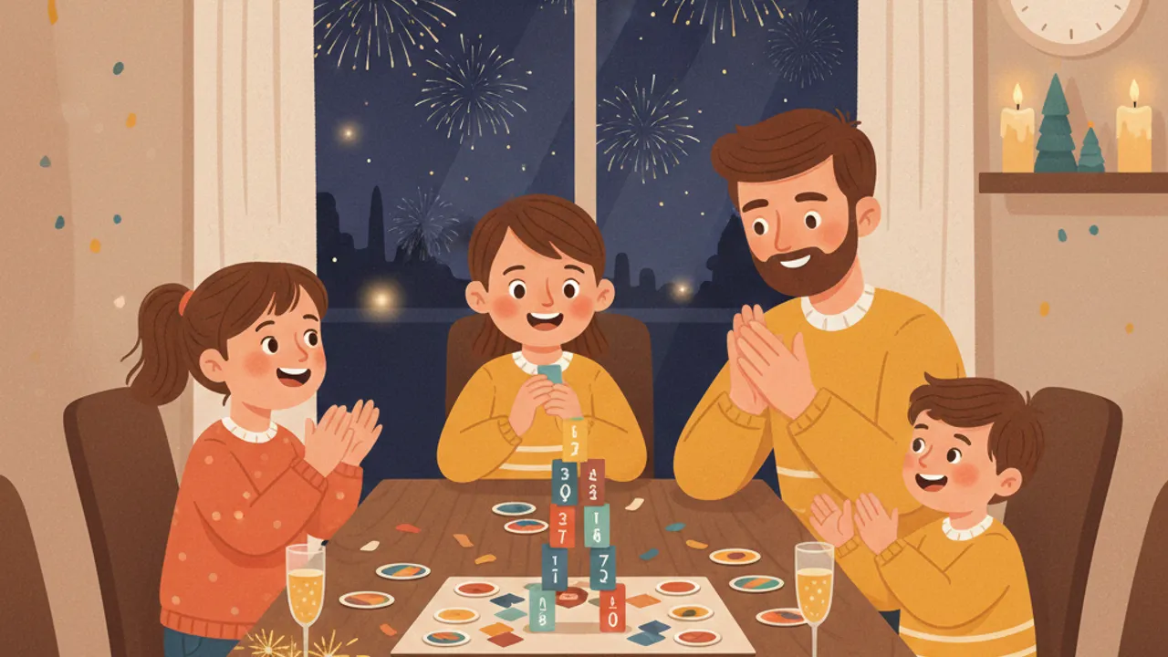 Accogliente scena familiare di Capodanno al tavolo da gioco, bambini e adulti, stelle filanti e coriandoli