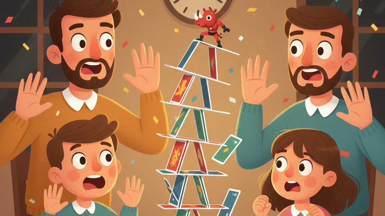 Una torre di carte traballante con una figura di supereroe sul punto di crollare, la famiglia trattiene il fiato