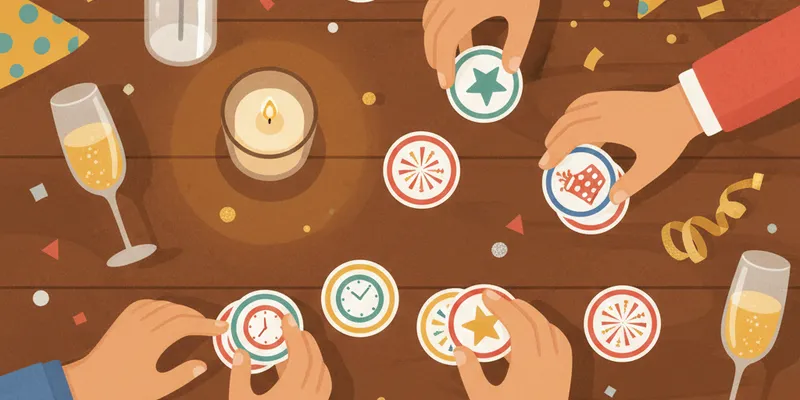 Gemütliche Silvester-Familienszene am Spieltisch, Kinder und Erwachsene, Wunderkerzen und Konfetti