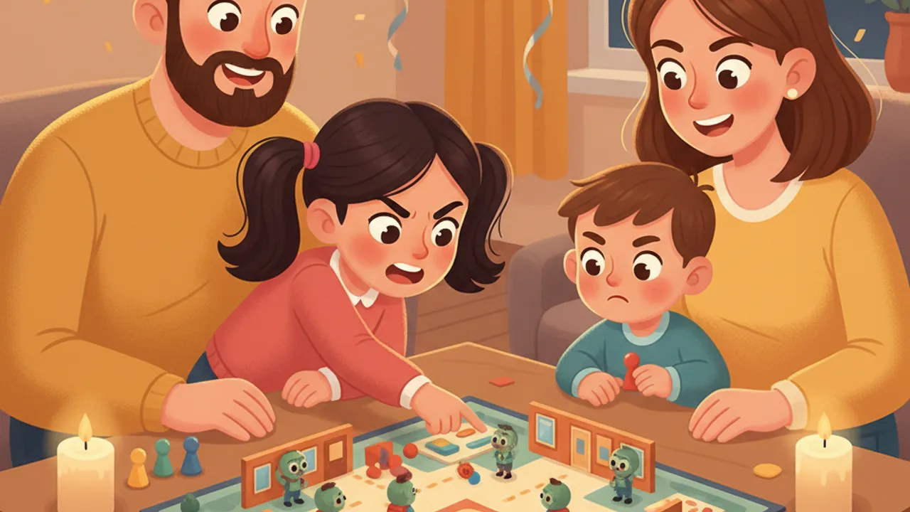 Famiglia china con suspense su un gioco da tavolo cooperativo con figure colorate di zombie