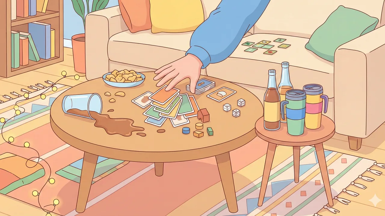 Illustration : Verre renversé sur une table de jeu, table d'appoint avec des boissons en sécurité à côté