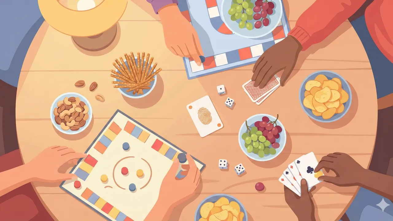 Illustration : Table de jeu avec jeux de société, bols de snacks et boissons