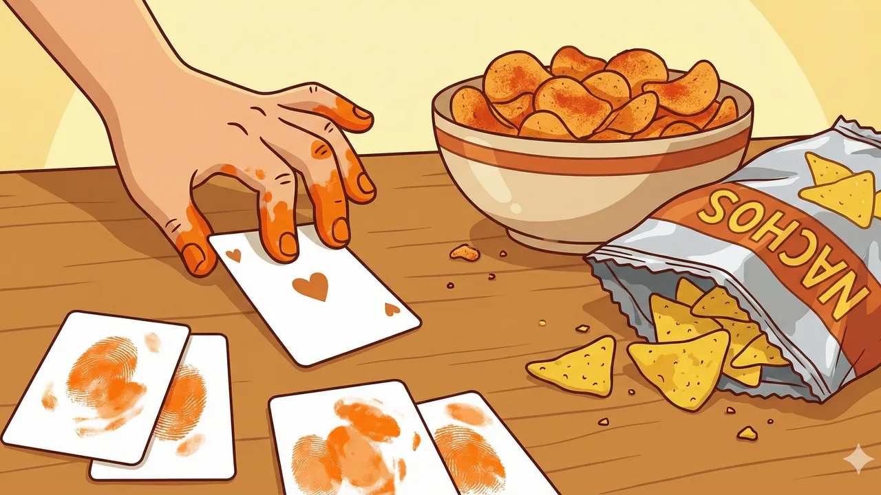 Illustration : Main aux doigts orange de chips qui attrape des cartes de jeu