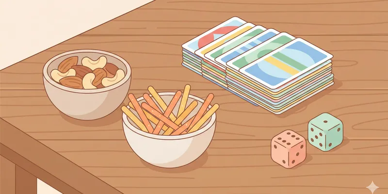 Ilustração: Mesa de jogos com jogos de tabuleiro, taças de snacks e bebidas