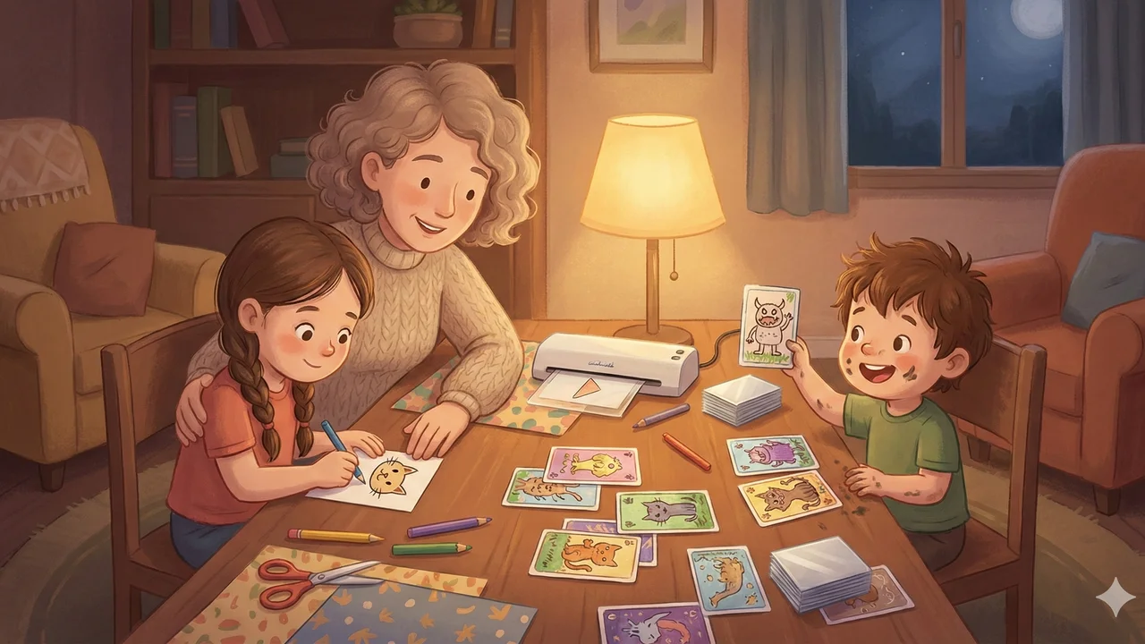 Illustration: Familientisch mit selbstgemachten Spielkarten, Buntstiften, Schere und Laminiergerät