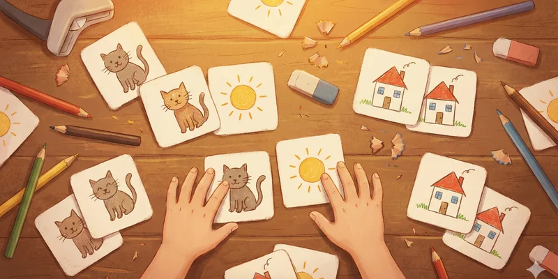 Illustration: Familientisch mit selbstgemachten Spielkarten, Buntstiften, Schere und Laminiergerät
