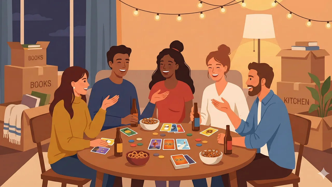 Illustration: moving boxes next to a table with board games and snacks in a new apartment