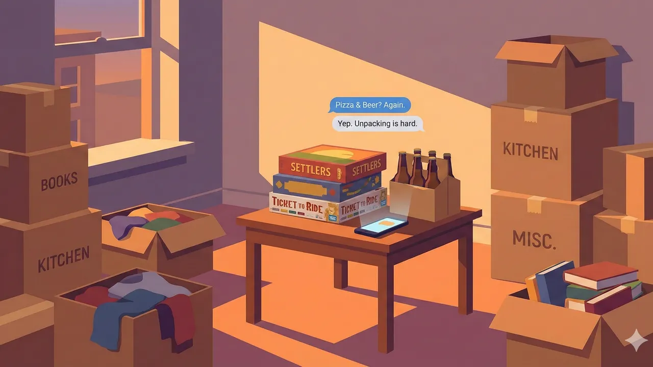 Illustration: half-unpacked apartment with board games on the table, moving boxes in the background