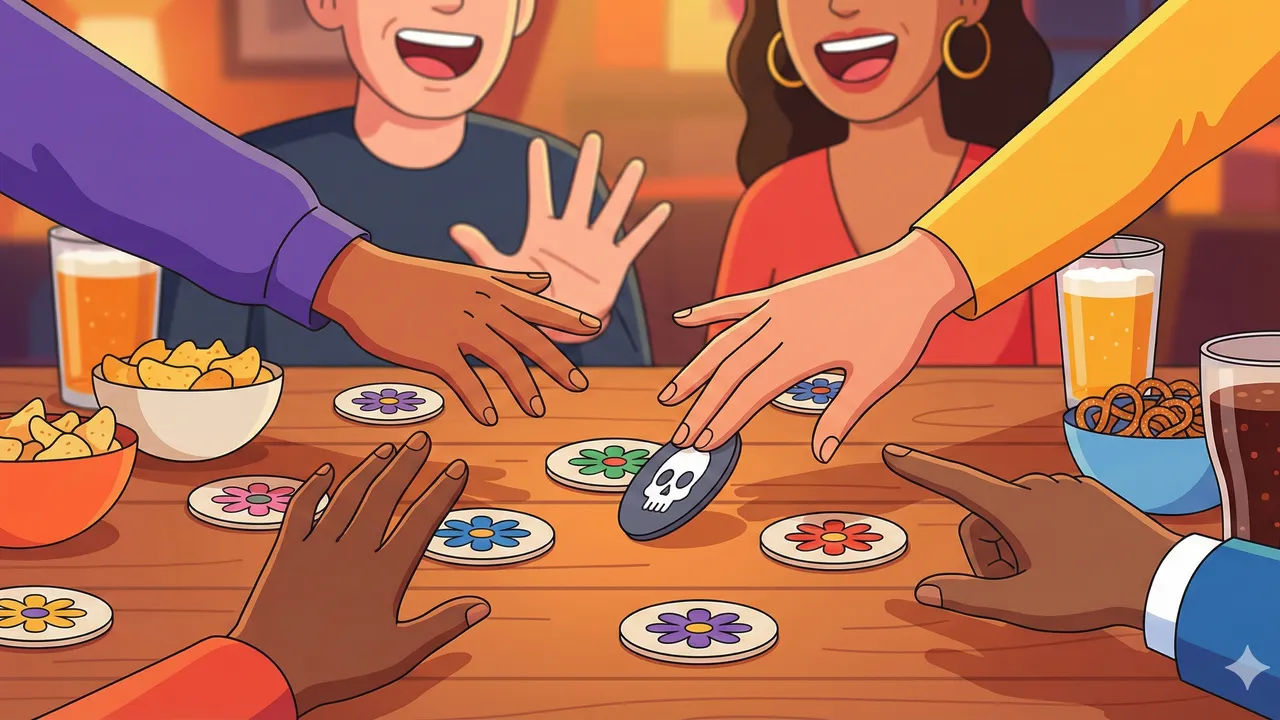 Illustration: hands flipping coasters in a bluffing game, laughing faces in the background