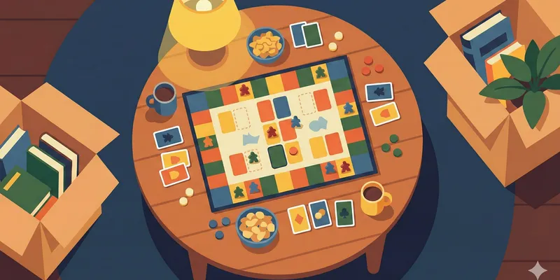Ilustração: Caixas de mudança ao lado de uma mesa com jogos de tabuleiro e petiscos num apartamento novo
