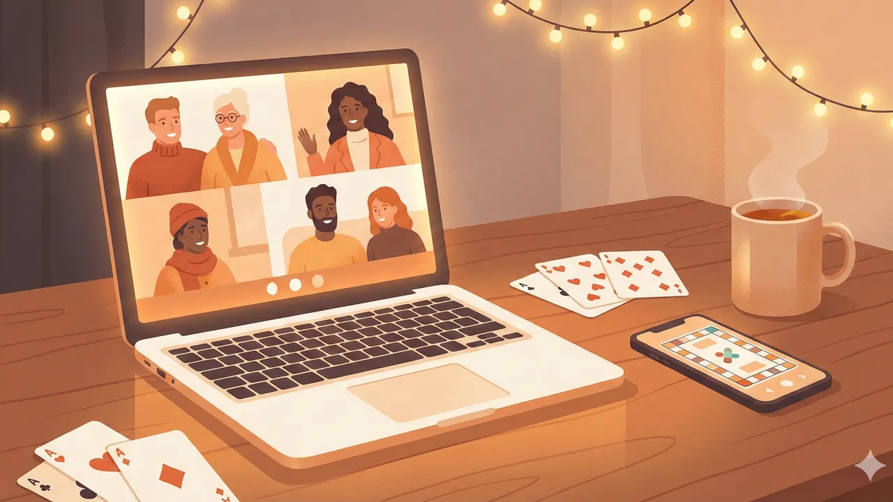 Laptop showing video call faces on screen, with cards and snacks on a cosy table nearby