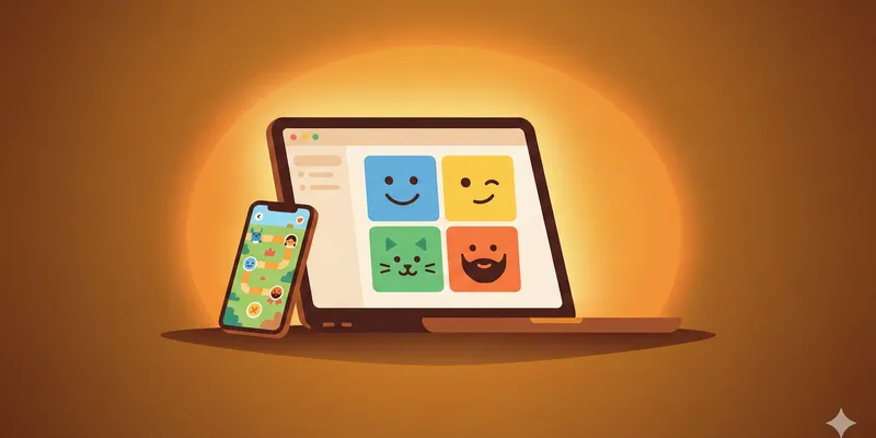 Laptop mit Videocall-Gesichtern auf dem Bildschirm, daneben Spielkarten und Snacks auf einem gemütlich beleuchteten Tisch