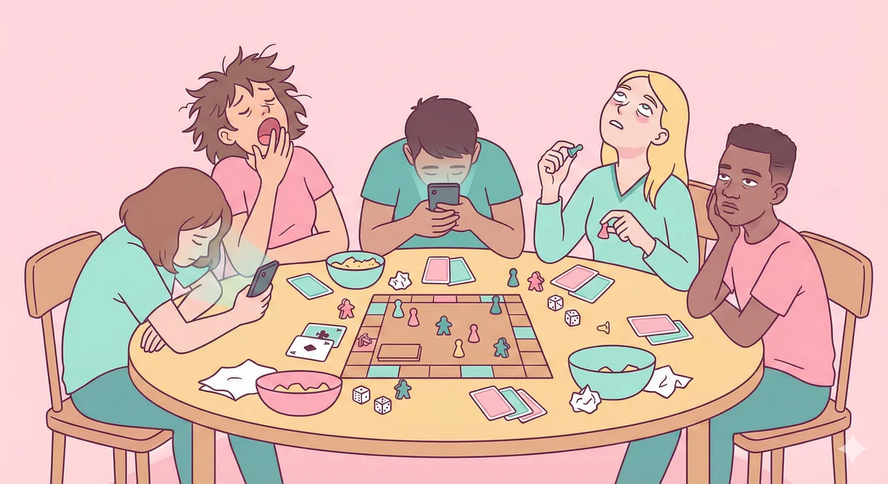 Gruppo annoiato al tavolo da gioco, alcuni guardano il telefono