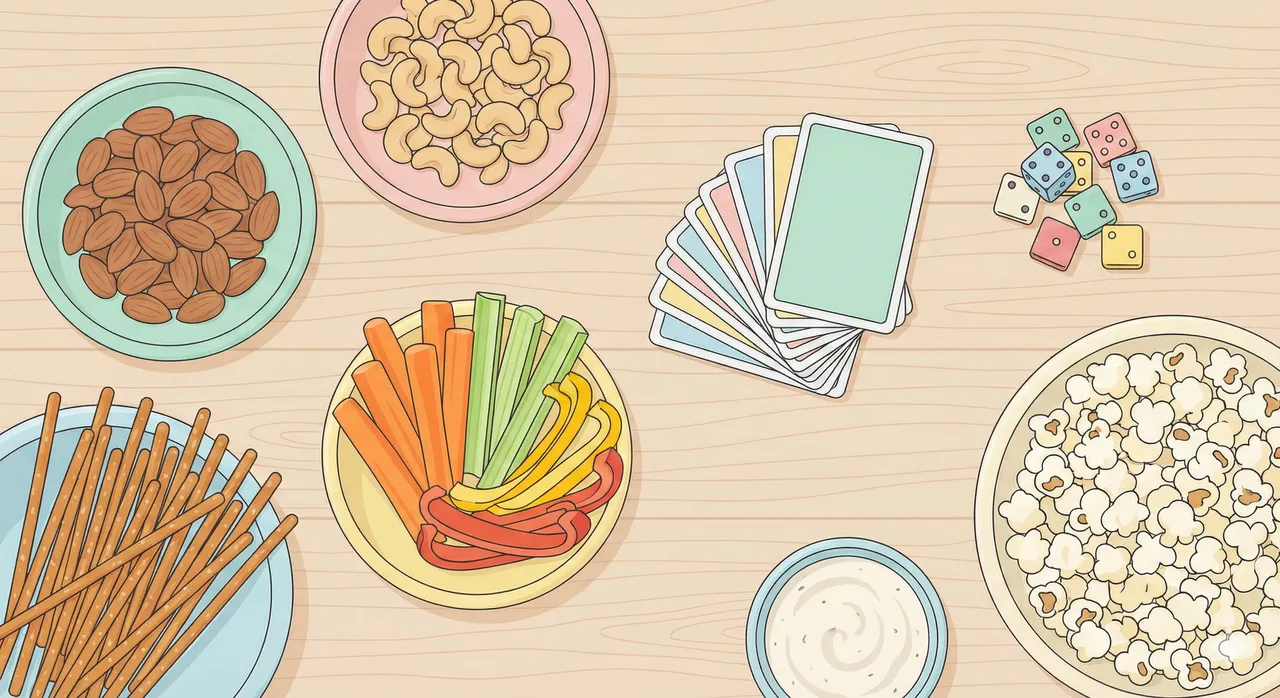 Snack per serata giochi visti dall'alto con noci, grissini, bastoncini di verdura accanto a carte da gioco e dadi