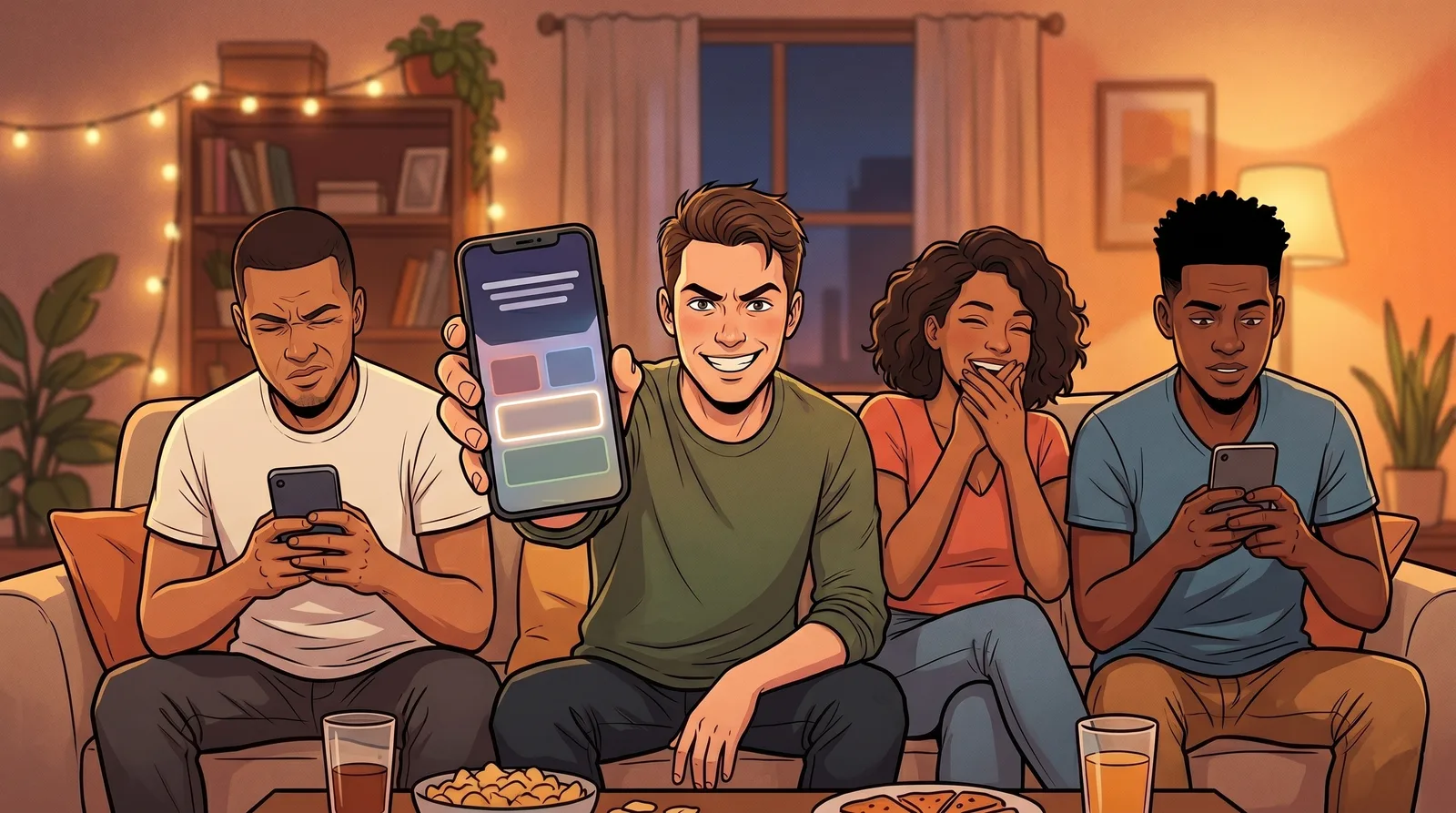 Vrienden spelen Let's Fib: iemand houdt triomfantelijk de telefoon omhoog met een bluf-antwoord, de anderen kijken gespannen toe