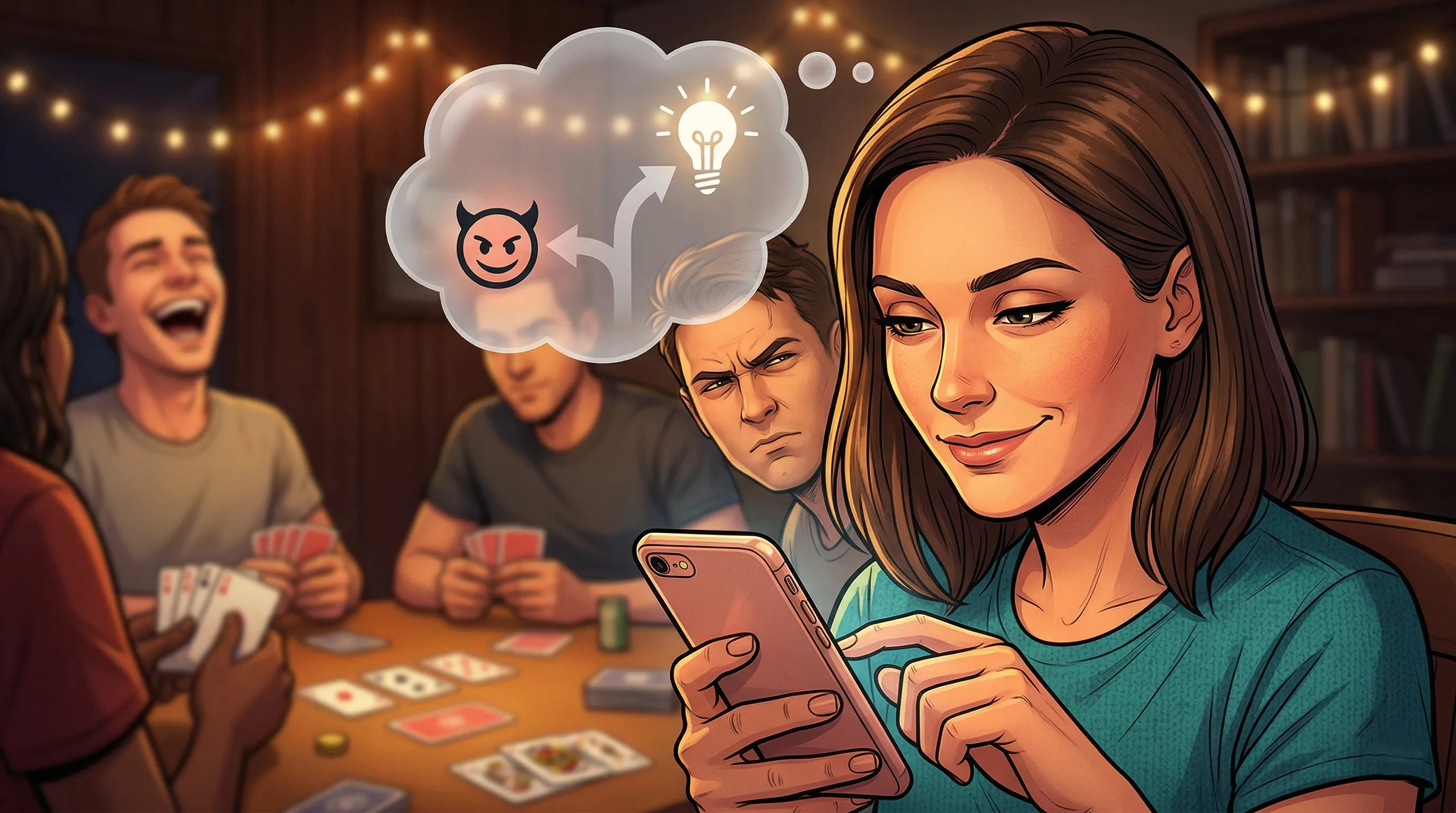 Speler met pokerface tikt een bluf-antwoord op de telefoon