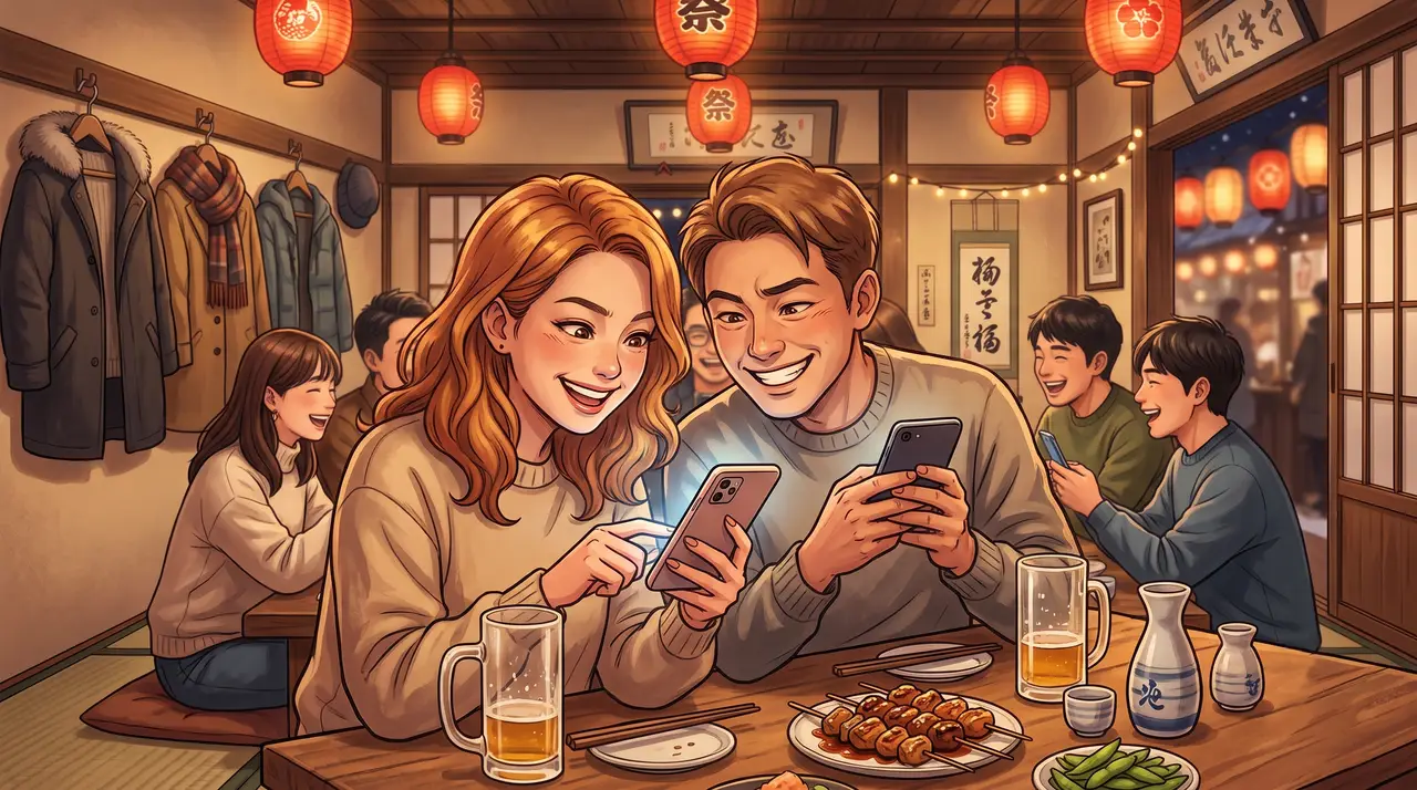 忘年会で、スマホに嘘の回答を入力してニヤけ合う二人
