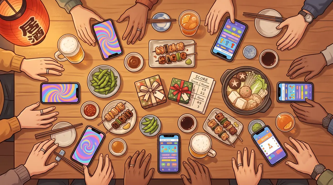 忘年会のテーブルを真上から見た、スマホ・景品・料理が並ぶ様子