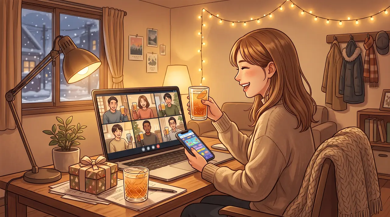 オンライン忘年会で、ノートパソコンのビデオ通話に同僚が並び、手元のスマホでゲームを遊ぶ様子