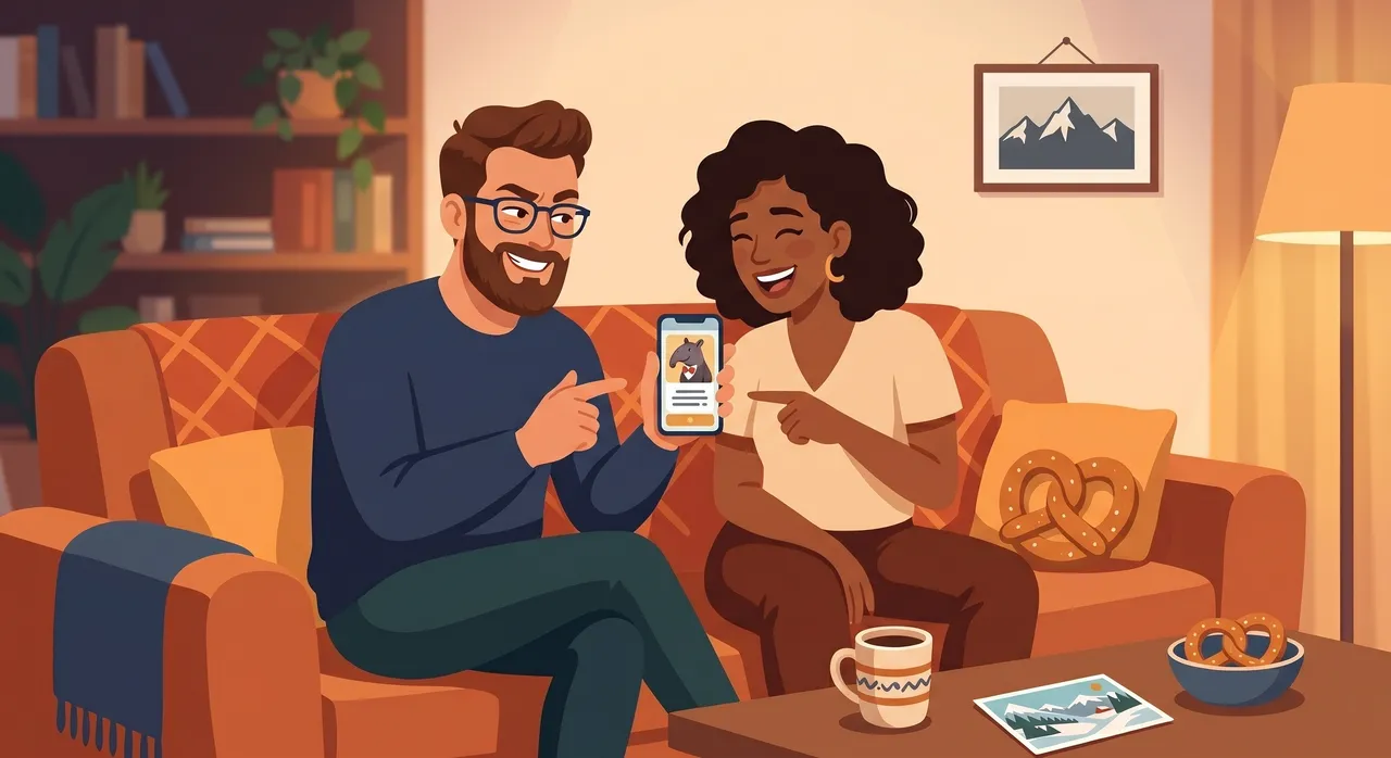 Freunde lachen über eine kuriose Deutschland-Quizfrage auf dem Handy