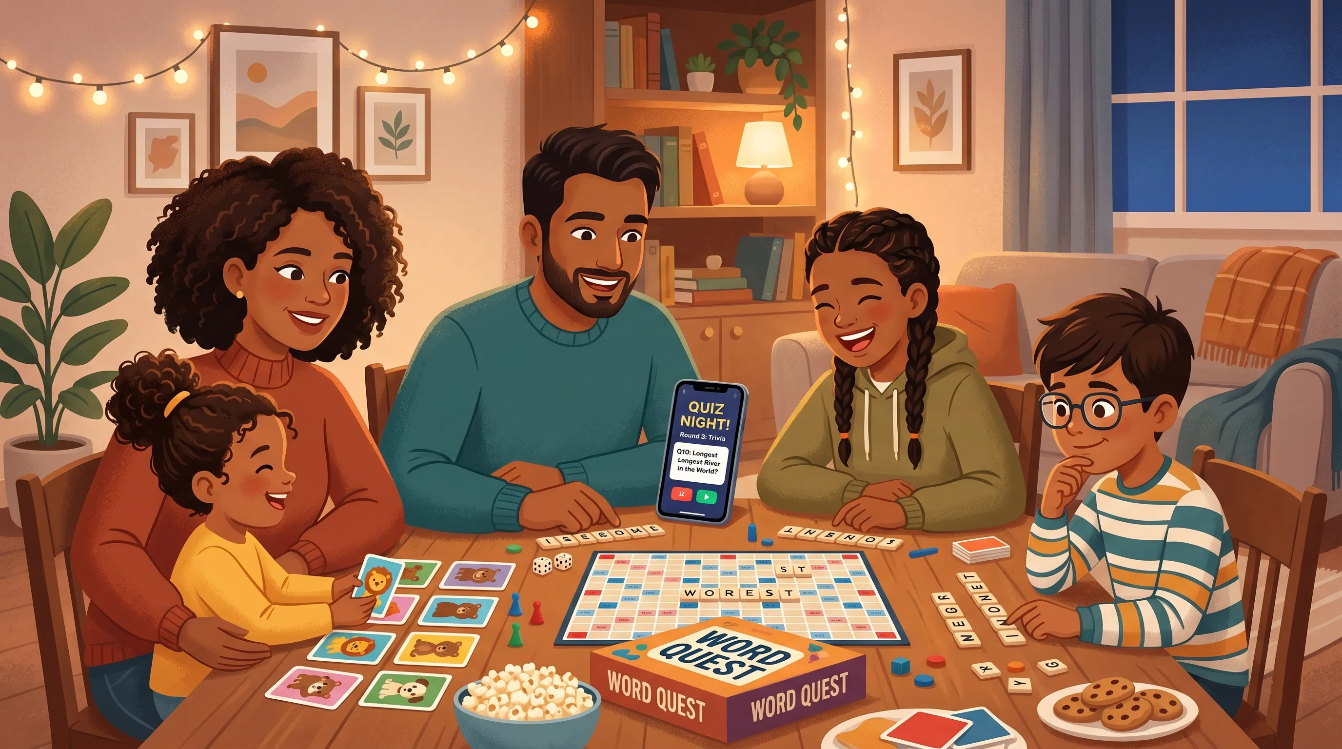 Familie mit Kindern verschiedenen Alters spielt gemeinsam Brettspiele und Quiz am Tisch