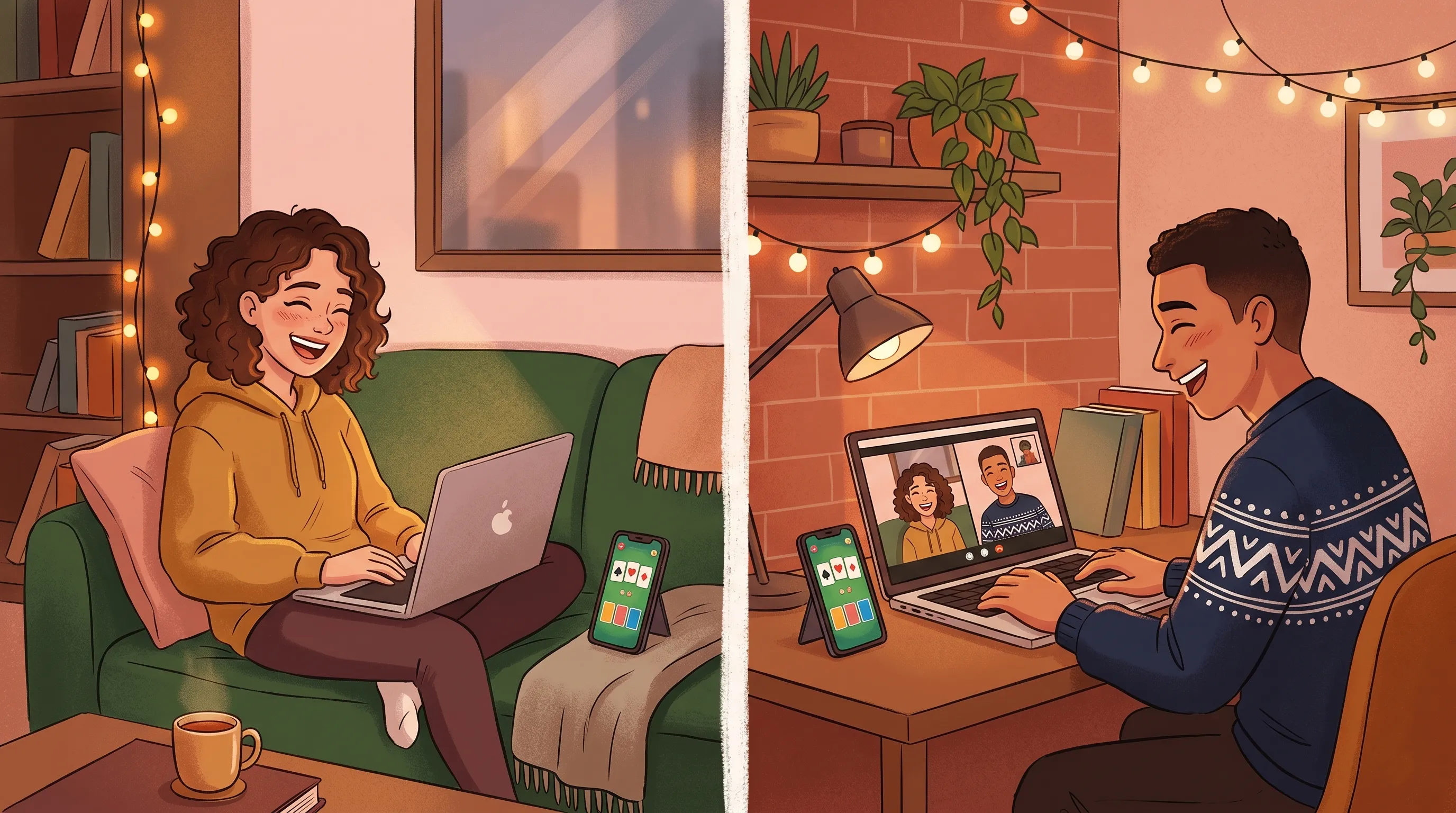 Couple in a long-distance relationship playing games together via video call, split scene with two cozy apartments