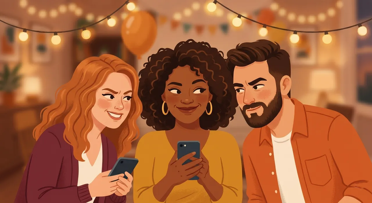 Three friends laughing at a birthday party while bluffing, one grinning slyly with a phone in hand
