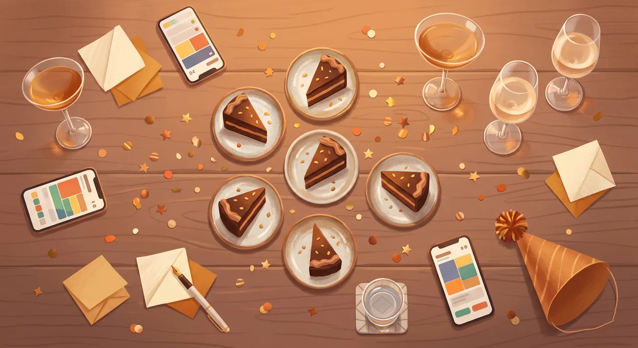 A birthday game table from above with cake, glasses, confetti, phones and paper slips