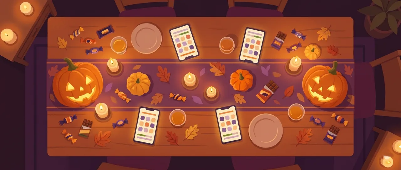 Halloween-Tisch von oben mit geschnitzten Kürbissen, Süßigkeiten, Kerzen und Handys