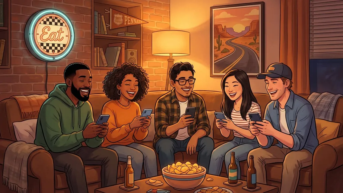 Friends playing American trivia together on their phones