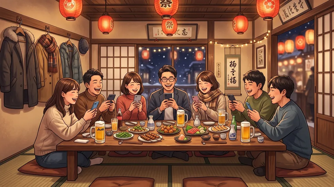 居酒屋の忘年会で、席に座ったままスマホゲームを楽しむグループ